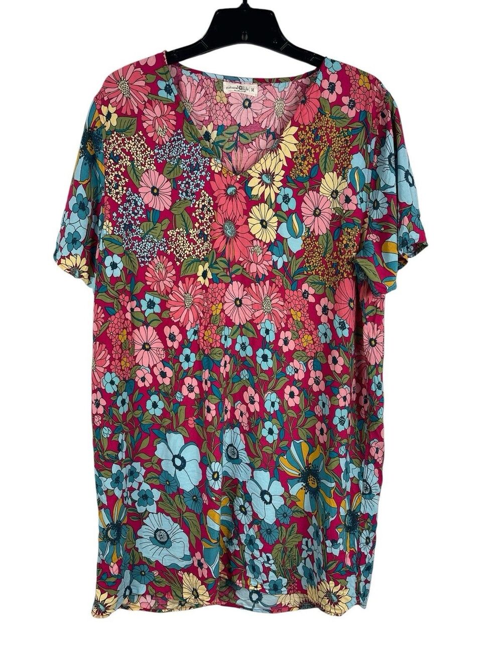 Natural Life Floral Mini Dress Womens M Pink Blue Boho Rayon Short Sleeve Hippie